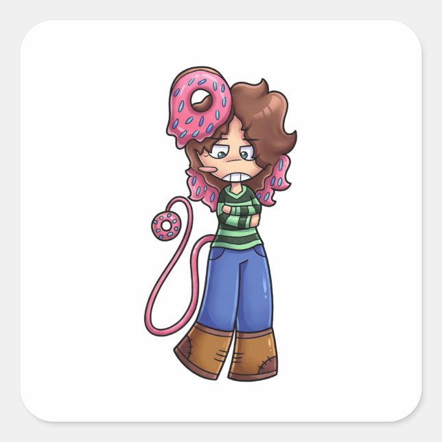 Quadrado Menina Chibi de Adesivo com Cabelo Rosa  (Frente)