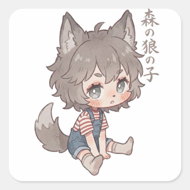 Quadrado Menino Lobo Floresta Chibi Adesivo  (Frente)