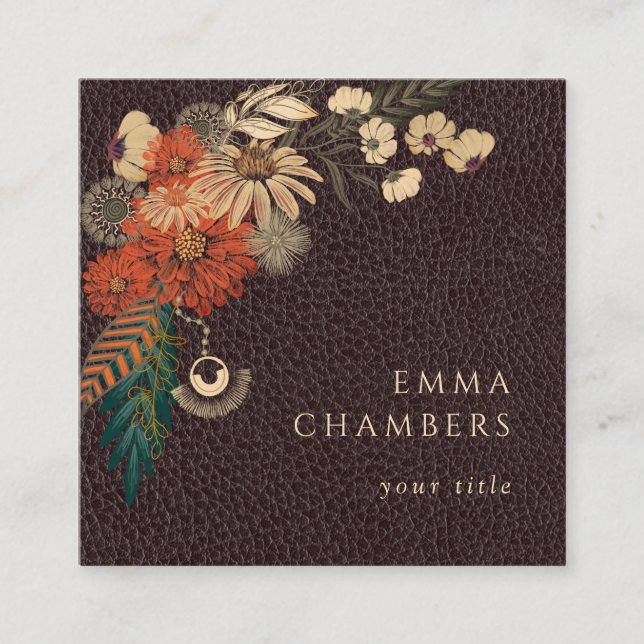 Quadrado Moto Boho Floral Brown Leather Cartão de visita (Frente)