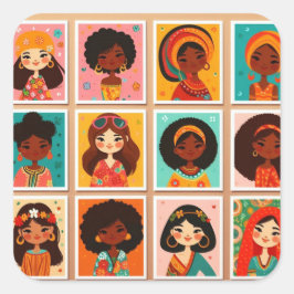 Quadrado Mulheres bonitas de desenho animado com adesivo co