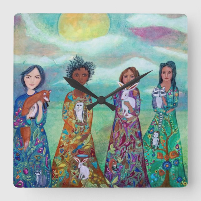 Quadrado Mulheres e Animais Arte Imunológica Relógio de Par (Frente)