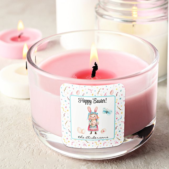 Quadrado Nome do adesivo | Coelho da Páscoa Feliz 1,5 pol. (Criador carregado)