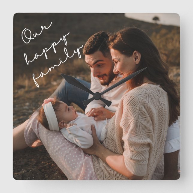 Quadrado Nosso Relógio de Fotos da Família Feliz (Frente)