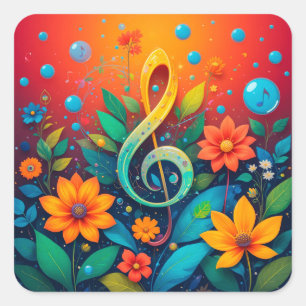 Quadrado Nota Musical Cercada por Flores Adesivo para Amant
