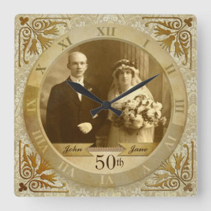 Quadrado Numeração romana Dourada Damask de Relógio de Foto