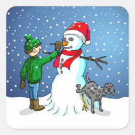Quadrado O Boneco de Neve, menino e cachorro em um Adesivo