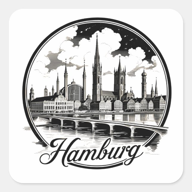 Quadrado Panorama de Hamburgo Alemanha – Adesivo de Círculo (Frente)
