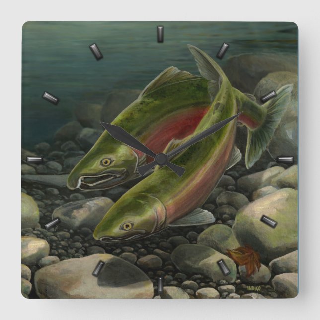 Quadrado Pescador Relógio Coho Salmão Peixes Muros Presente (Frente)