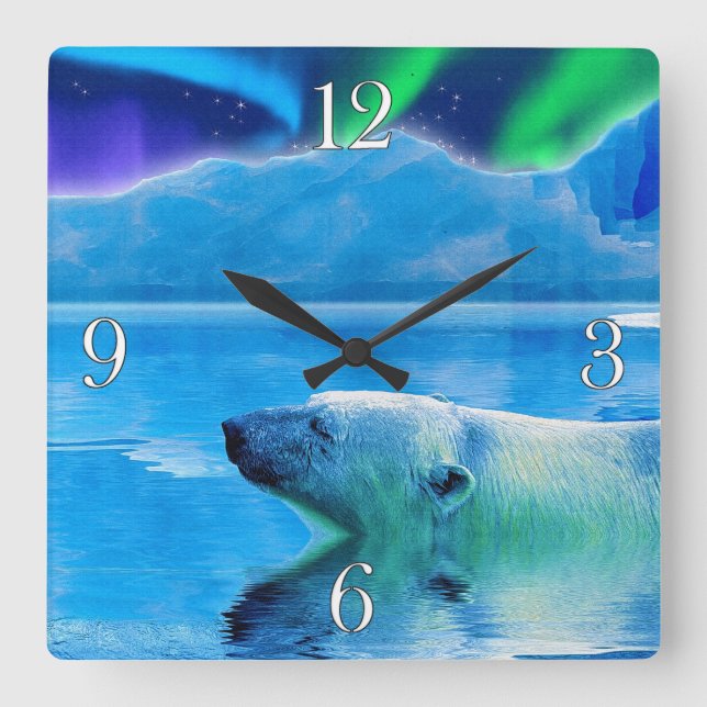 Quadrado Piscando Urso Polar e Relógio de Arte Aurora (Frente)