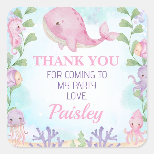 Quadrado Raparigas de baleia rosa debaixo do adesivo de ani (Frente)