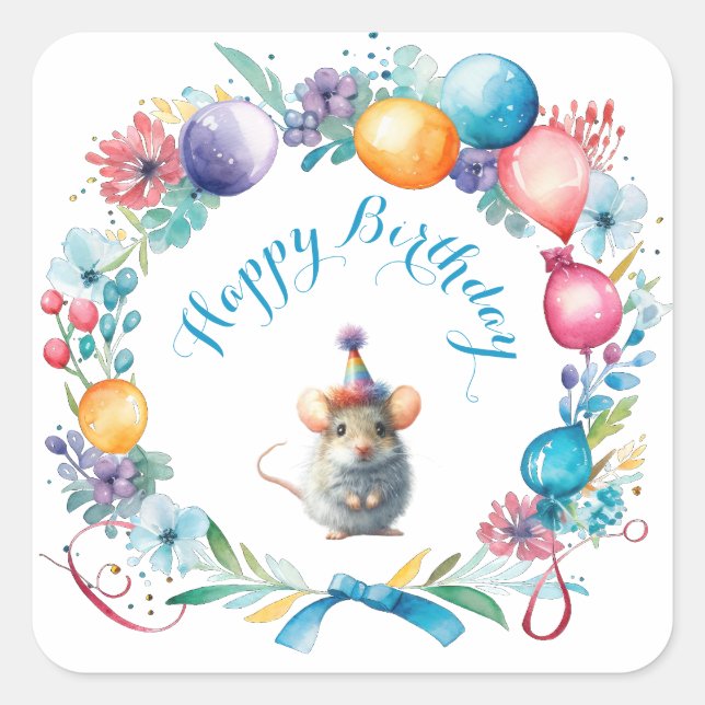 Quadrado Rato bonito Vestindo um adesivo de chapéu de festa (Frente)