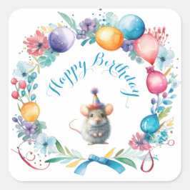 Quadrado Rato bonito Vestindo um adesivo de chapéu de festa