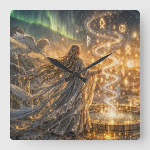 Quadrado Relógio Celestial Rune Mage – Azul Místico & Doura