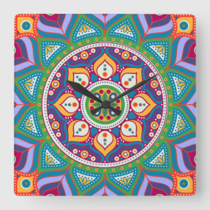 Quadrado Relógio Colorido de Mandala