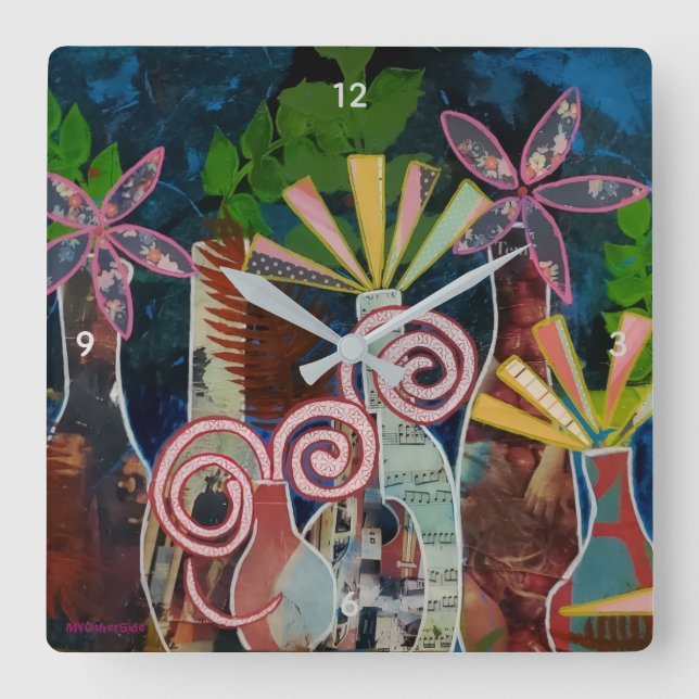 Quadrado Relógio com Arte de Flores Cortadas (Frente)