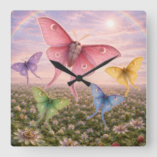 Quadrado relógio com desenho de flor colorida e borboleta