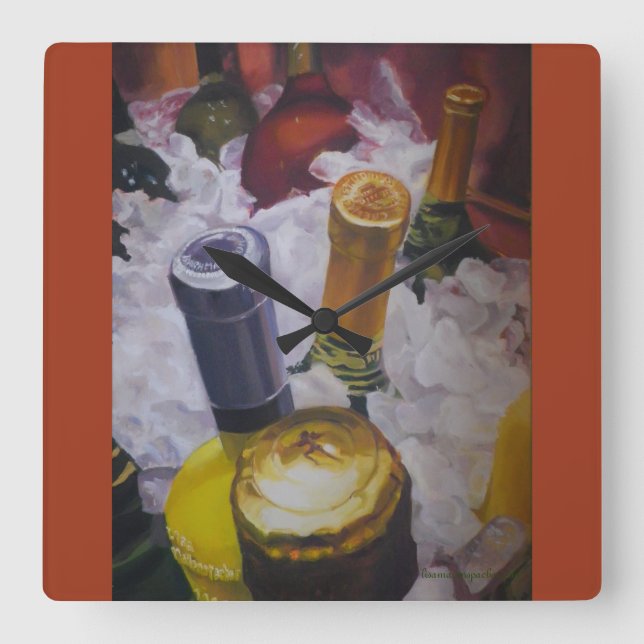 Quadrado Relógio com garrafas de vinho em balde (Frente)