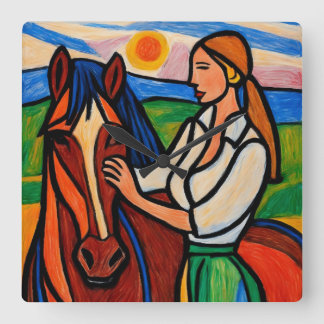 Quadrado Relógio de arte com desenho de cavalo e mulher a l