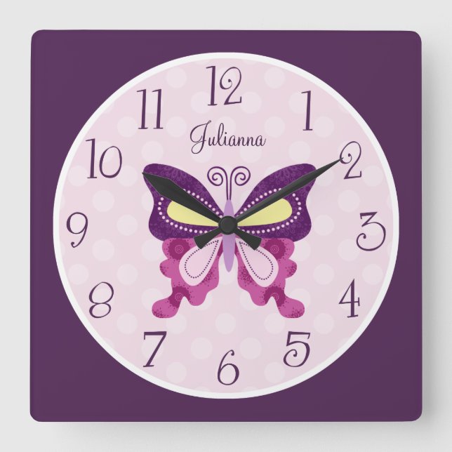 Quadrado Relógio de Borboleta Roxo Personalizado (Frente)