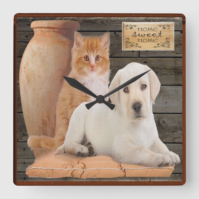 Quadrado relógio de cachorrinho e gatinho (Frente)