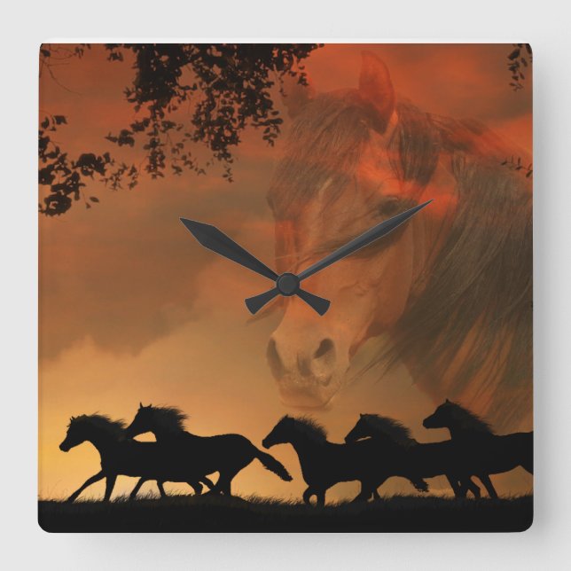 Quadrado Relógio de Cavalos Livre para Sempre (Frente)