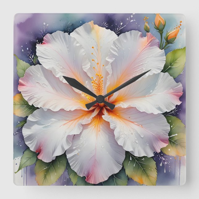 Quadrado relógio de flor de hibisco branco (Frente)