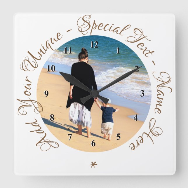 Quadrado Relógio de Foto Personalizado com Texto Personaliz (Frente)
