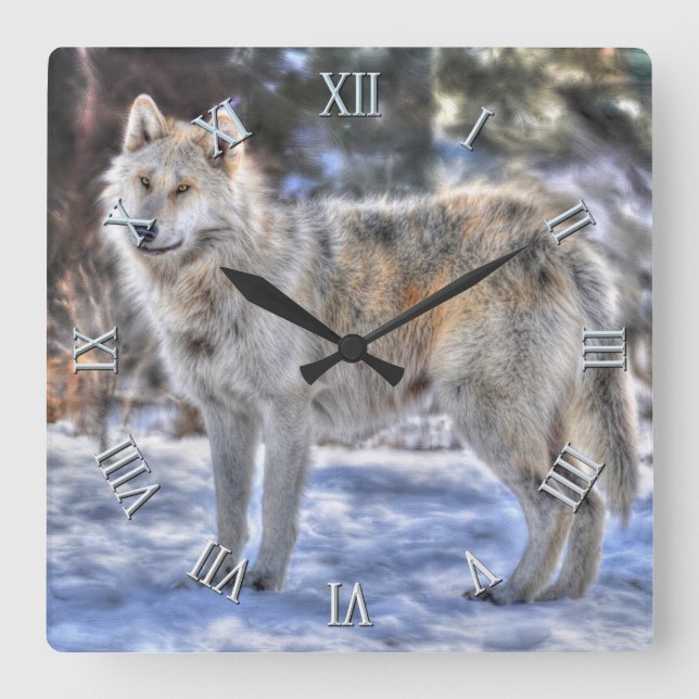 Quadrado Relógio de Fotografias Silver Wolf & Snow Willife (Frente)
