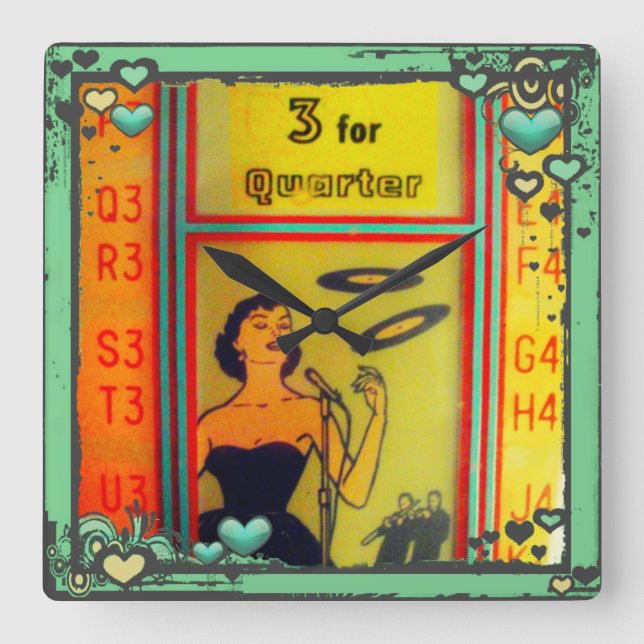 Quadrado Relógio de Jantar da Caixa de Juke Retro! Relógio  (Frente)