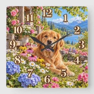 Quadrado Relógio de Jardim da Montanha do Golden Retriever
