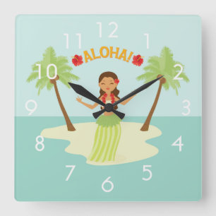 Quadrado Relógio de Luau de Menina Hula Havaiana Fofa c/ Nú