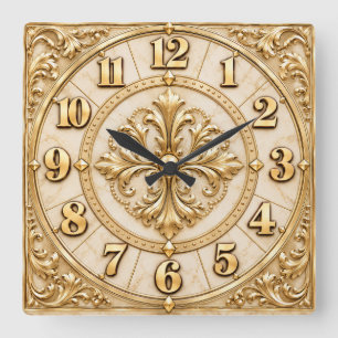 Quadrado Relógio de Luxo Elegante Creme e Dourado Ornamenta