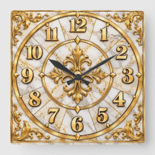Quadrado Relógio de Luxo Ornado Branco e Dourado Elegante