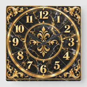 Quadrado Relógio de Luxo Preto e Dourado Ornamentado