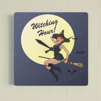 Quadrado Relógio de Muralha da Bruxa Retro Halloween