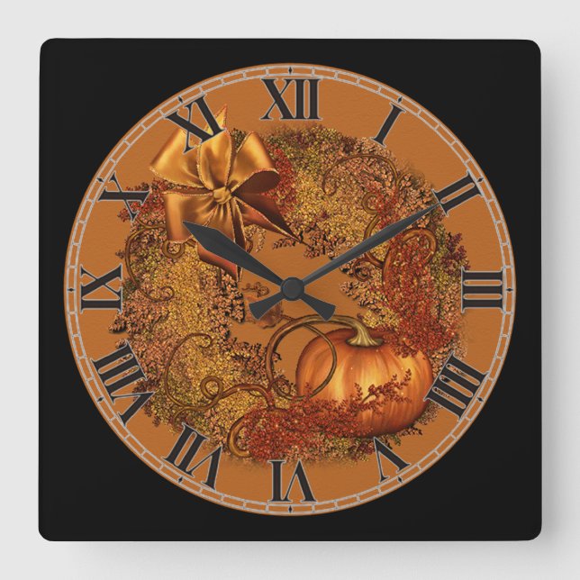 Quadrado Relógio de Muro da Pumpkin Wreath de outono decora (Frente)