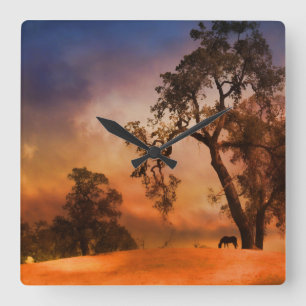 Quadrado Relógio De País Com Cavalo E Sunset