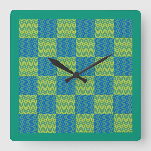 Quadrado Relógio de Parede, Esmeralda e Padrão de Patchwork (Frente)