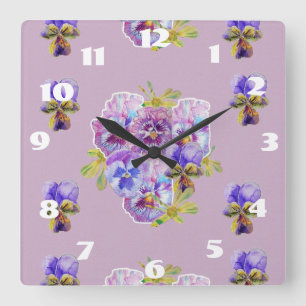 Quadrado Relógio de Sala Lilás Pensamentos Floral Shabby Ch