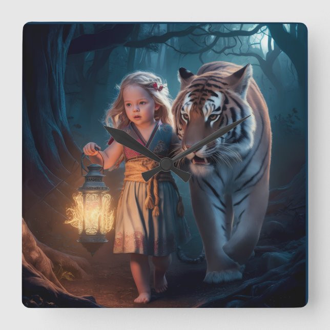 Quadrado Relógio de uma menina e um tigre (Frente)