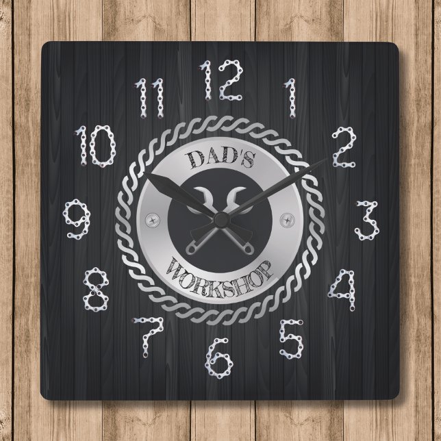 Quadrado Relógio do Faz-tudo da Oficina do Papai (Personalized Dad's Workshop Handyman Clock)