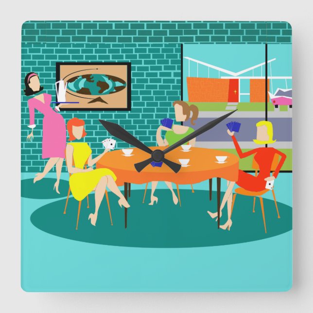 Quadrado Relógio do jogo de cartas para mulheres retrô (Frente)