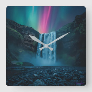 Quadrado Relógio em Cascata Celestial - Aurora Majestosa