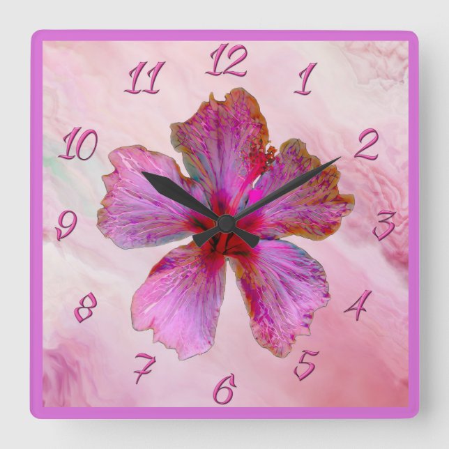 Quadrado Relógio Floral de Design Hibiscus em Pinks (Frente)