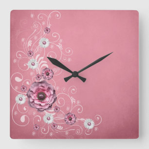 Quadrado Relógio Floral do Sonho Rosa Elegante de Luxo
