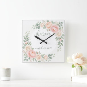 Quadrado Relógio Floral Personalizável Aquarela Parede Flor