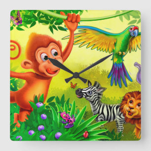 Quadrado Relógio infantil dos animais da selva