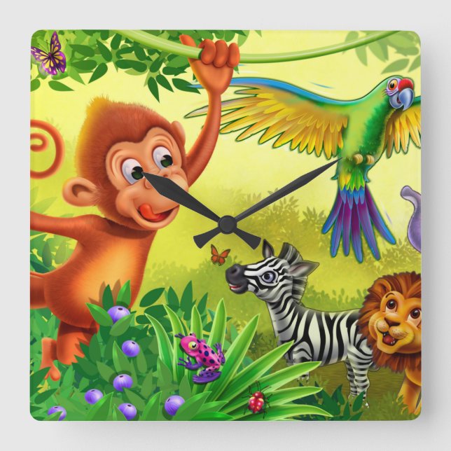 Quadrado Relógio infantil dos animais da selva (Frente)