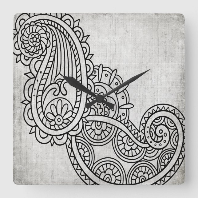 Quadrado Relógio Motif Mehndi Da cinza (Frente)