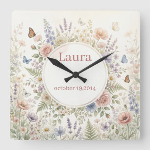 Quadrado Relógio Personalizado com Aquarela Floral Sonhador